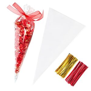 large cone cellophane bags,7x15 inches 200 pcs plastic popcorn cone bags for party, clear cone shaped treat bags with twist ties