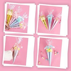 Large Cone Cellophane Bags,7x15 Inches 200 PCS Plastic Popcorn Cone Bags for Party, Clear Cone Shaped Treat Bags with Twist Ties