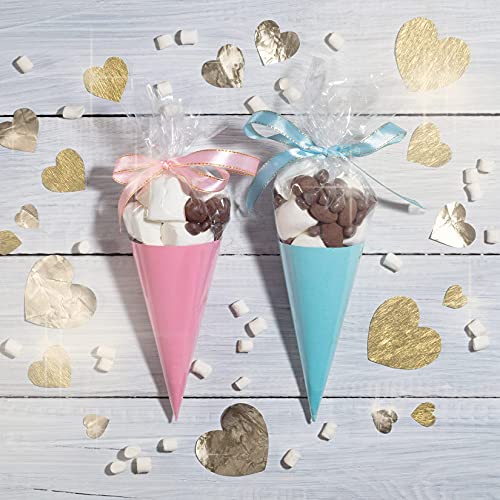 Large Cone Cellophane Bags,7x15 Inches 200 PCS Plastic Popcorn Cone Bags for Party, Clear Cone Shaped Treat Bags with Twist Ties