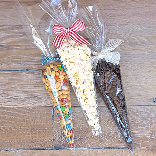 Large Cone Cellophane Bags,7x15 Inches 200 PCS Plastic Popcorn Cone Bags for Party, Clear Cone Shaped Treat Bags with Twist Ties