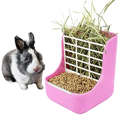 2 in 1 Food Hay Feeder for Guinea Pig, Rabbit, Indoor Hay Feeder for Guinea Piggies, Bunnies, Chinchilla, Feeder Bowls for Grass and Food, Pink