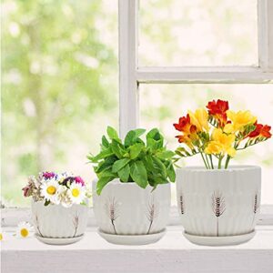 Laerjin Plant Pots 4.17" & 5.62" & 6.88" Flower Pot with Drainage Holes and Saucers, Set of 3 Ceramic Plant Pot with Tray, Outdoor Small to Medium Sized Round Modern Ceramic Garden Flower Pots