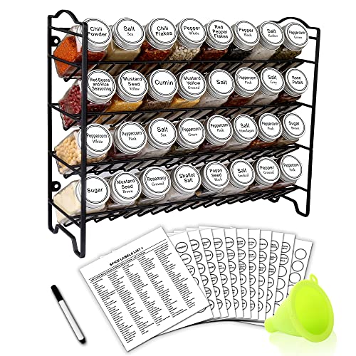 SWOMMOLY Spice Rack Organizer with 32 Empty Square Glass Spice Jars, 386 White Spice Labels with Chalk Marker and Funnel Complete Set, Seasoning Organizer for Countertop, Cabinet or Wall Mount