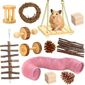 lalfpet hamster chew toys,pet natural wooden 12pcs dumbbells exercise bell roller tunnel tube ect.teeth care molar toy for parrot syrian hamster gerbil rat guinea pig gerbil ect.small animals