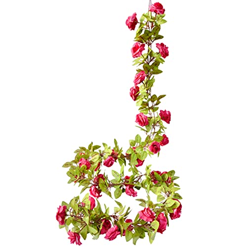 ONLY ART Fake Roses Flowers Vine Plants 2pcs Artificial Flower Hanging Rose Ivy for Mother's Day Wedding Home Hotel Office Party Garden Craft Art Décor (Hot Pink)