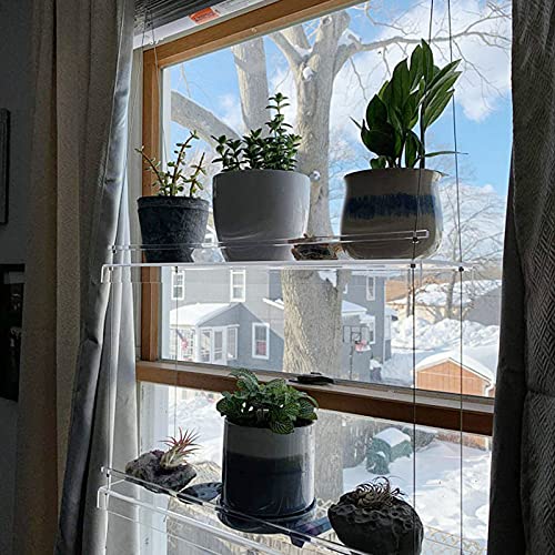 Pectt Three Tier Window Plant Shelf, Clear Hanging Wall Shelves with Rope, Plastic Storage Organizer Shelf Plant Display for Living Room Kitchen, Bathroom Over The Toilet Storage