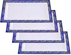 yumchikel -plastic serving tray & platter set (4pk)- blue & white lace rim disposable serving trays & platters for food - weddings, thanksgiving parties, dessert table, cupcake display- 7.5x14 inches