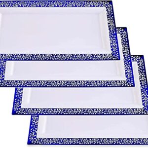 Yumchikel -Plastic Serving Tray & Platter Set (4pk)- Blue & White Lace Rim Disposable Serving Trays & Platters for Food - Weddings, Thanksgiving Parties, Dessert Table, Cupcake Display- 7.5x14 inches