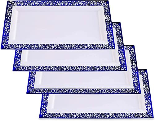 Yumchikel -Plastic Serving Tray & Platter Set (4pk)- Blue & White Lace Rim Disposable Serving Trays & Platters for Food - Weddings, Thanksgiving Parties, Dessert Table, Cupcake Display- 7.5x14 inches