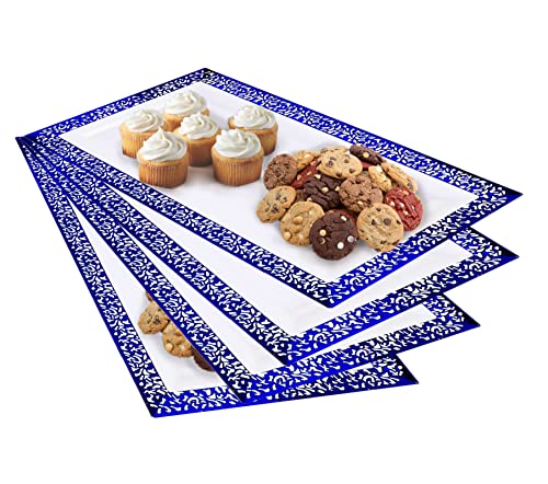 Yumchikel -Plastic Serving Tray & Platter Set (4pk)- Blue & White Lace Rim Disposable Serving Trays & Platters for Food - Weddings, Thanksgiving Parties, Dessert Table, Cupcake Display- 7.5x14 inches