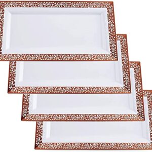 Yumchikel-Plastic Serving Tray & Platter Set (4pk) White & Rose Gold Lace Disposable Party Trays & Platters for Food - Weddings, Dessert Table, Cupcake display -14"x7.5" inches