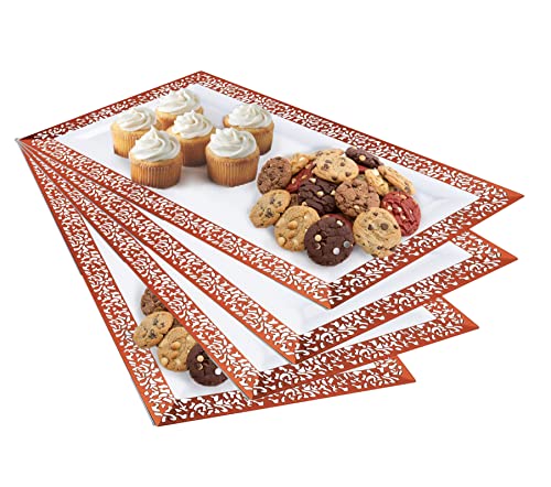 Yumchikel-Plastic Serving Tray & Platter Set (4pk) White & Rose Gold Lace Disposable Party Trays & Platters for Food - Weddings, Dessert Table, Cupcake display -14"x7.5" inches