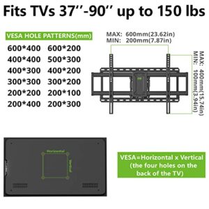 USX MOUNT UL Listed Full Motion TV Wall Mount for 37"-90" TVs, Pre-Assembled TV Mount Fits 16", 24" Wood Studs, Universal with Swivel and Tilt TV Bracket Up to VESA 600x400mm, 150lbs