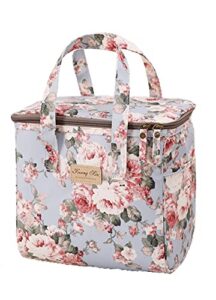 kwang min floral insulated lunch bag for women,reusable lunch box,large cooler for school,office,picnic outdoors,premium waterproof fabric,ideal gift for girls/adults (peony blue)