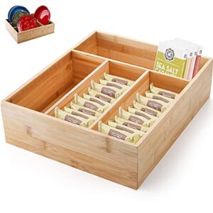 deayou bamboo organizer bin, 100% bamboo divided storage box, 4-compartments cutlery tray desktop holder for kitchen, coffee sugar tea bags, seasoning spice packet pouch, food, snack, shelf, open top