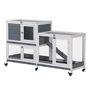 pawhut wooden rabbit hutch bunny hutch elevated pet house cage small animal habitat with no leak tray lockable door openable top for indoor 57.75" x 18" x 32.5" grey