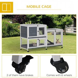 PawHut Wooden Rabbit Hutch Bunny Hutch Elevated Pet House Cage Small Animal Habitat with No Leak Tray Lockable Door Openable Top for Indoor 57.75" x 18" x 32.5" Grey