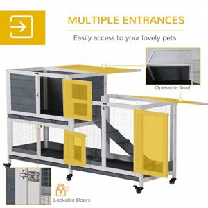 PawHut Wooden Rabbit Hutch Bunny Hutch Elevated Pet House Cage Small Animal Habitat with No Leak Tray Lockable Door Openable Top for Indoor 57.75" x 18" x 32.5" Grey