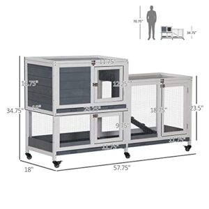 PawHut Wooden Rabbit Hutch Bunny Hutch Elevated Pet House Cage Small Animal Habitat with No Leak Tray Lockable Door Openable Top for Indoor 57.75" x 18" x 32.5" Grey