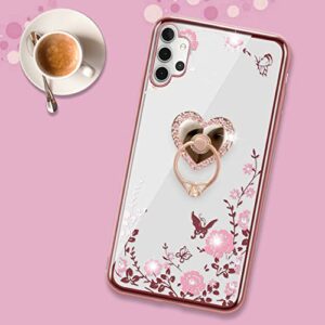 for Samsung Galaxy A32 5G Phone Case, Glitter Crystal Butterfly Heart Floral Slim TPU Luxury Bling Diamond Rhinestone Cute for Girls Women Case with Ring Stand+Strap for Galaxy A32 5G-Rose Gold