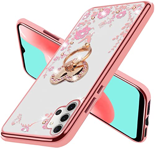 for Samsung Galaxy A32 5G Phone Case, Glitter Crystal Butterfly Heart Floral Slim TPU Luxury Bling Diamond Rhinestone Cute for Girls Women Case with Ring Stand+Strap for Galaxy A32 5G-Rose Gold