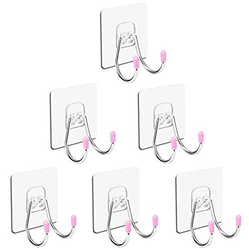 Diesisa Adhesive Hooks Wall Hooks for Hanging 6 Pack, Double Hanger Hooks for Robe Towel Coat Hooks in Bathroom Kitchen Sticky Hooks