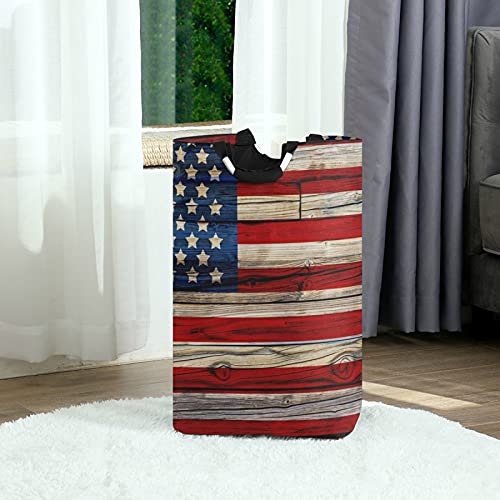 WELLDAY Laundry Hamper with Handle Old Painted American Flag Laundry Baskets Foldable Dirty Clothes Basket Large Storage Laundry Organizer