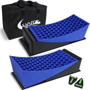 eazy2hd camper leveler kit 2 pacs - precise rv leveler system, includes two curved levelers, two chocks, and two rubber grip mats | faster camper leveling than rv leveling blocks - (blue + black)