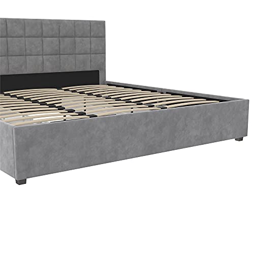 CosmoLiving by Cosmopolitan Serena Upholstered Bed with Drawers, Bedroom Storage, King, Light Gray Velvet