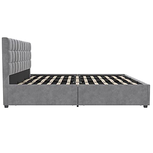 CosmoLiving by Cosmopolitan Serena Upholstered Bed with Drawers, Bedroom Storage, King, Light Gray Velvet