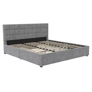 CosmoLiving by Cosmopolitan Serena Upholstered Bed with Drawers, Bedroom Storage, King, Light Gray Velvet