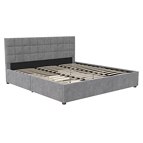 CosmoLiving by Cosmopolitan Serena Upholstered Bed with Drawers, Bedroom Storage, King, Light Gray Velvet