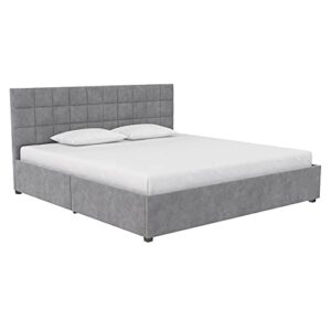 CosmoLiving by Cosmopolitan Serena Upholstered Bed with Drawers, Bedroom Storage, King, Light Gray Velvet