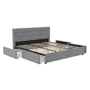 CosmoLiving by Cosmopolitan Serena Upholstered Bed with Drawers, Bedroom Storage, King, Light Gray Velvet