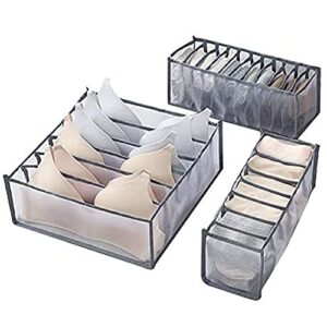 Underwear Storage Organizers, 3 Set Storage and Drawers for Bra,Socks and Underwear, 6+7+11 Grid Bathroom Storage Containers, Gray