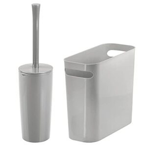 mdesign 2 piece combo - slim plastic trash can with built-in handles & toilet bowl brush & holder for bathroom storage and organization - set of 2 - gray