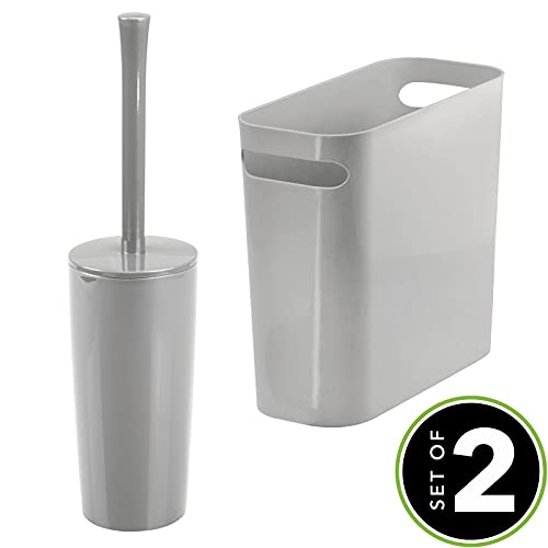 mDesign 2 Piece Combo - Slim Plastic Trash Can with Built-in Handles & Toilet Bowl Brush & Holder for Bathroom Storage and Organization - Set of 2 - Gray