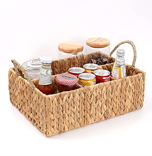 Wicker Divided Storage Basket Woven Natural Basket Hyacinth for Organizing Bathroom Kitchen Shelves Office Supplies Organization Everyday Wicker Storage Baskets 4 Section Rectangular Tray