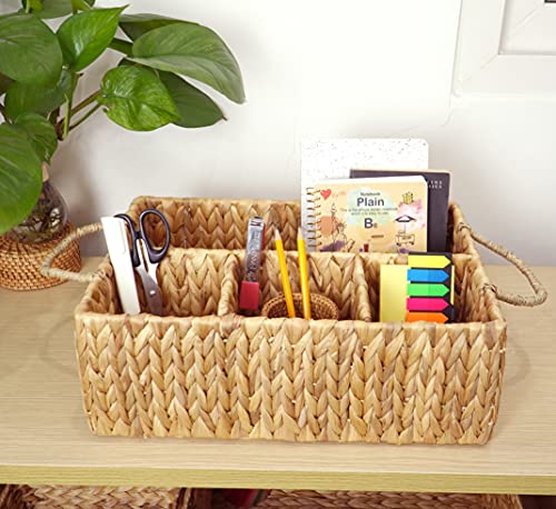 Wicker Divided Storage Basket Woven Natural Basket Hyacinth for Organizing Bathroom Kitchen Shelves Office Supplies Organization Everyday Wicker Storage Baskets 4 Section Rectangular Tray