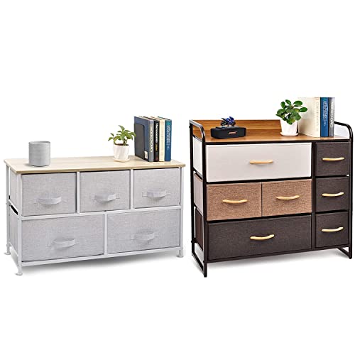 CERBIOR Wide Drawer Dresser Storage Organizer 5-Drawer 7-Drawer Closet Shelves, Sturdy Steel Frame Wood Top with Easy Pull Fabric Bins for Clothing, Blankets