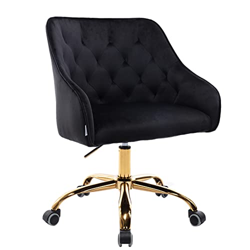 SSLine Elegant Velvet Desk Chair for Girls Women Modern Swivel Office Computer Chair on Wheels Cute Vanity Chair Leisure Chair w/Arm for Home Study Living Room (A Type-Black&Gold)