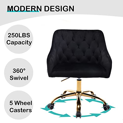 SSLine Elegant Velvet Desk Chair for Girls Women Modern Swivel Office Computer Chair on Wheels Cute Vanity Chair Leisure Chair w/Arm for Home Study Living Room (A Type-Black&Gold)