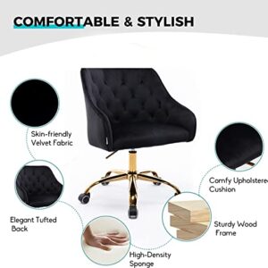 SSLine Elegant Velvet Desk Chair for Girls Women Modern Swivel Office Computer Chair on Wheels Cute Vanity Chair Leisure Chair w/Arm for Home Study Living Room (A Type-Black&Gold)