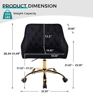 SSLine Elegant Velvet Desk Chair for Girls Women Modern Swivel Office Computer Chair on Wheels Cute Vanity Chair Leisure Chair w/Arm for Home Study Living Room (A Type-Black&Gold)