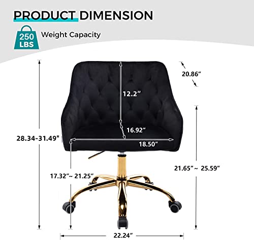 SSLine Elegant Velvet Desk Chair for Girls Women Modern Swivel Office Computer Chair on Wheels Cute Vanity Chair Leisure Chair w/Arm for Home Study Living Room (A Type-Black&Gold)