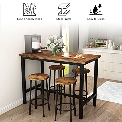 AWQM Bar Table and Chairs Set Industrial Counter Height Pub Table with 4 Chairs Bar Table Set 5 Pieces Dining Table Set Home Kitchen Breakfast Table, Rustic Brown