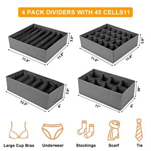 AzxecVcer 4 Set Sock Underwear Organizer,45 Cell Foldable Washable Odorless Fabric Drawer Organizers Storage Divider for Clothing, Baby Clothes, Bra, Panty, Socks, Scarf, Ties (Grey)