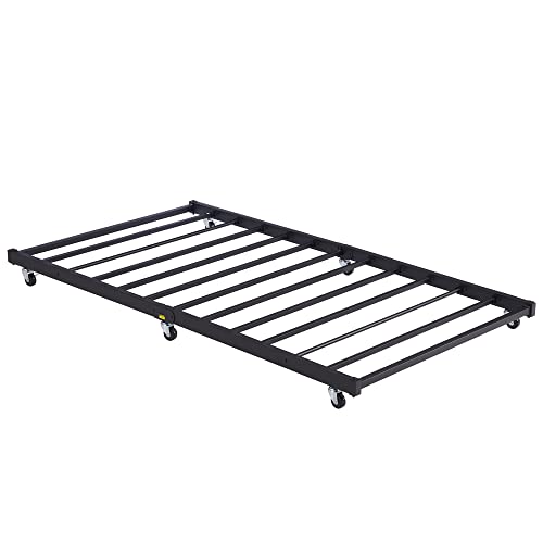 VECELO Twin Trundle Bed Frame Only/Roll Out/Enhanced & Up-Graded Metal Slats Support, Black