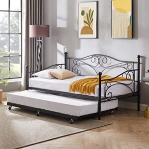 VECELO Twin Trundle Bed Frame Only/Roll Out/Enhanced & Up-Graded Metal Slats Support, Black