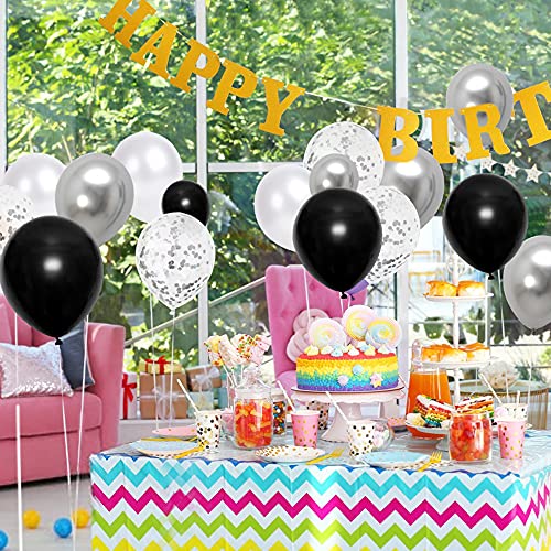 Black Silver Balloon Garland Arch Kit, 100pcs White Silver Confetti and Metallic Chrome Latex Party Balloons for Wedding Birthday Graduation Anniversary Decorations (BlackSilver-100pcs)